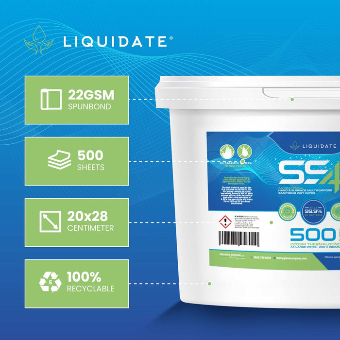 500 sheet Liquidate antibacterial hand and surface wipes bucket, 22GSM spunbond, 20x28 cm, 100% recyclable container