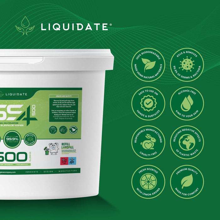 500 Sheet Liquidate® SS4 Antibacterial Hand and Surface Wipes Bucket, Biodegradable