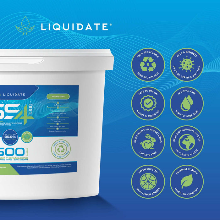 Antibacterial Liquidate SS4 500 sheet hand and surface wipes bucket, recyclable and alcohol-free with fresh lemon scent