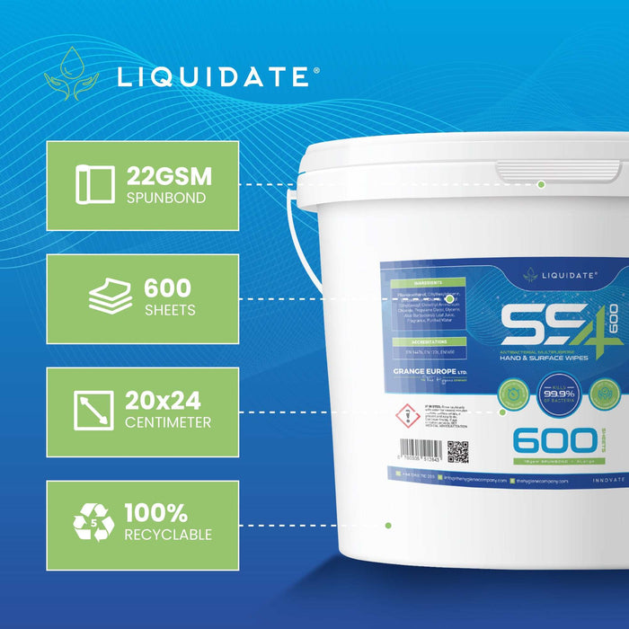Liquidate® 600 extra-large antibacterial wipes bucket, recyclable, alcohol-free, durable for multi-surface cleaning and disinfection