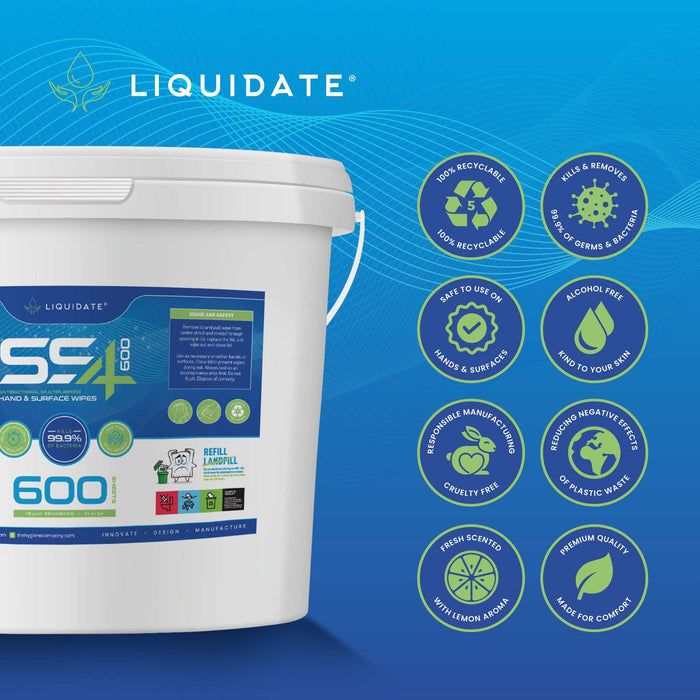Liquidate® 600 extra-large antibacterial wipes bucket with recyclable, alcohol-free, multi-purpose cleaning sheets for offices, gyms, and schools