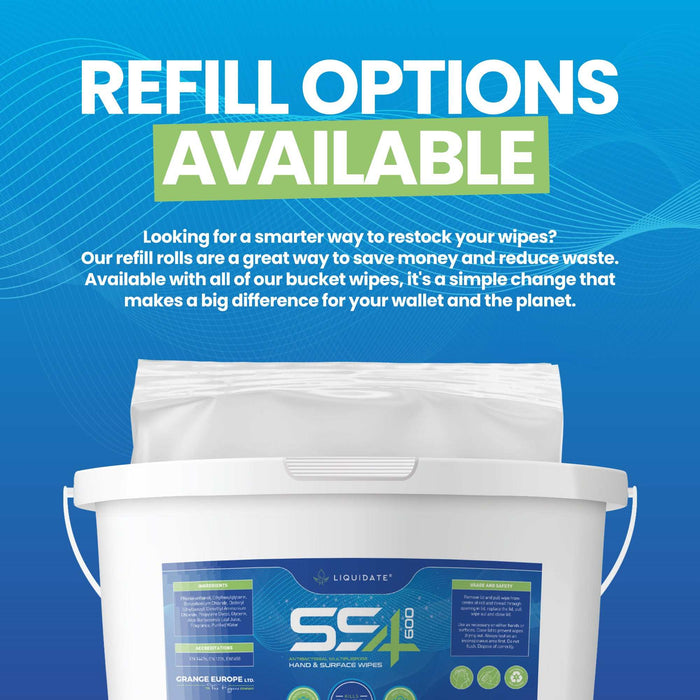 Liquidate® 600 Extra-Large Antibacterial Wipes bucket with recyclable, alcohol-free, multi-purpose disinfectant sheets for offices and gyms