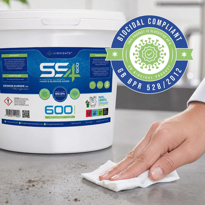 Liquidate® 600 extra-large antibacterial wipes in recyclable bucket for multi-surface cleaning and disinfection