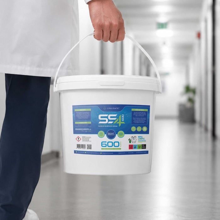 Liquidate® 600 Extra-Large Antibacterial Wipes in recyclable bucket for multi-surface cleaning and disinfection