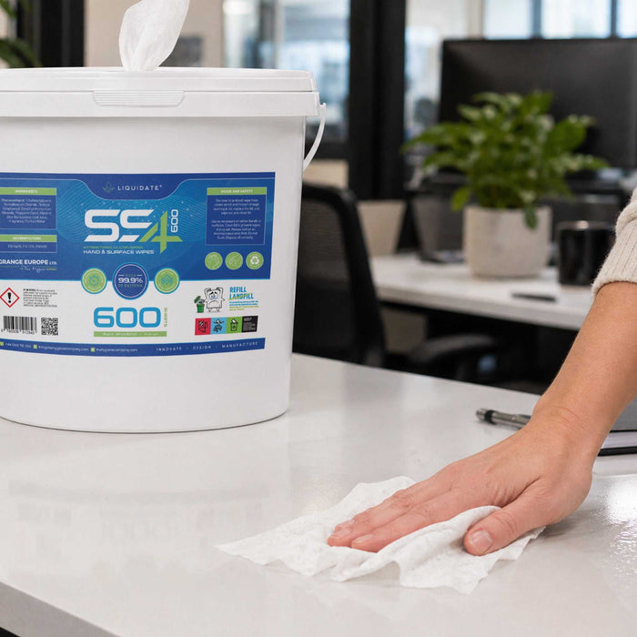 Liquidate® 600 Extra-Large Antibacterial Wipes in recyclable refillable bucket for multi-surface cleaning and disinfection