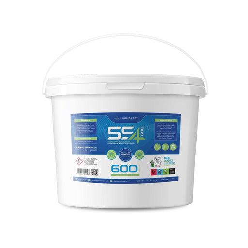 Liquidate® 600 extra-large antibacterial wipes in a recyclable bucket for multipurpose surface cleaning and disinfection