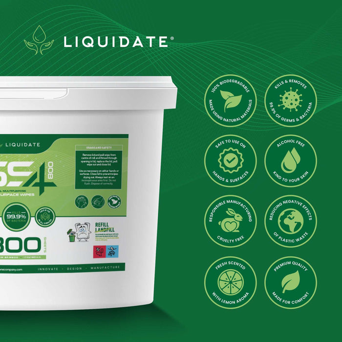 800 Sheet Liquidate® SS4 Antibacterial Hand and Surface Wipes Bucket, Biodegradable