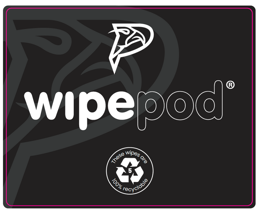 Branded dispenser with custom "wipepod" logo and recyclable label.