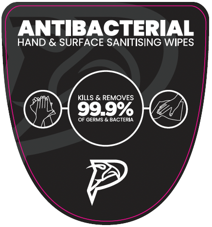 Custom printed antibacterial wipes dispenser showcasing brand logo and hygiene message.