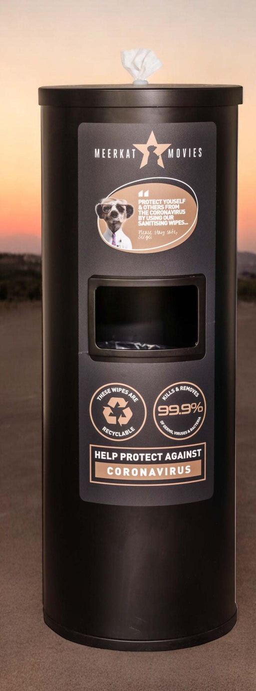 Premium Brushed Stainless Steel Wet Wipe Dispenser with Waste Bin and Custom Branding.