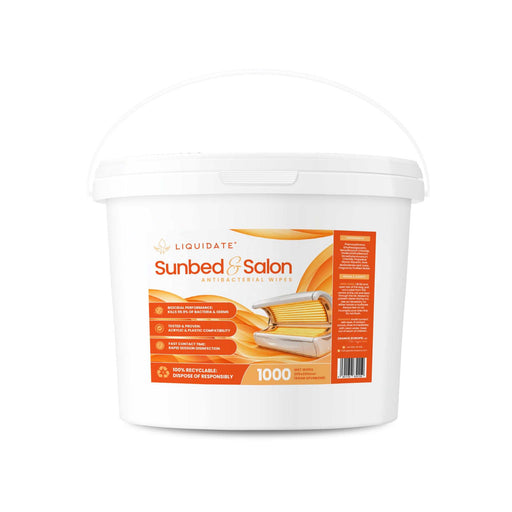 Liquidate® Sunbed & Salon antibacterial wipes in a white plastic bucket with a white lid and orange label, 1000 sheets.