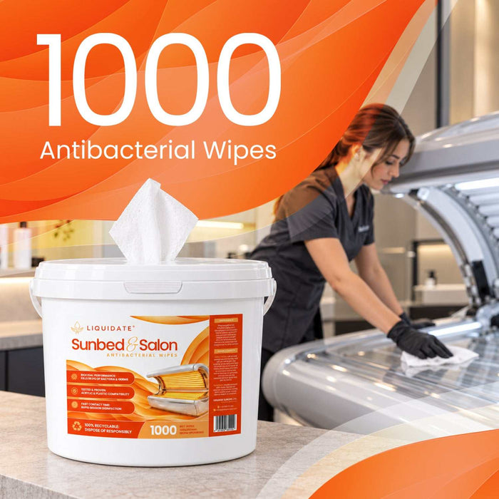 Antibacterial wipes in a white refillable bucket with orange label and dispensing tissue, Liquidate® Sunbed & Salon, 1000 sheets.