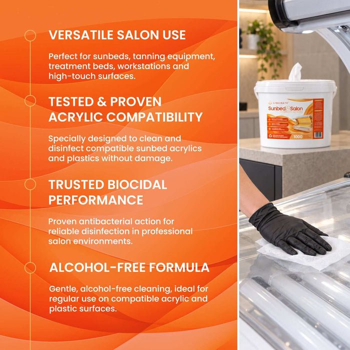 Liquidate® Sunbed & Salon antibacterial wipes in a white 1000-sheet bucket, with an orange label and refillable design.