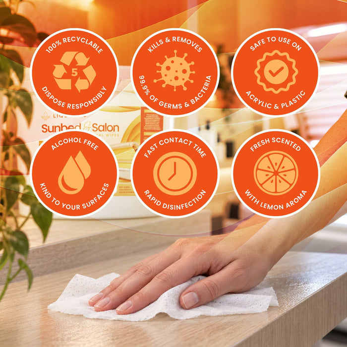 Antibacterial wipes: Liquidate® Sunbed & Salon white spunbond cloths, alcohol-free and lemon scented for rapid disinfection.