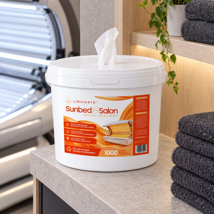 Liquidate® Sunbed & Salon antibacterial wipes in a white 1000-sheet bucket with an orange label and dispensing lid.