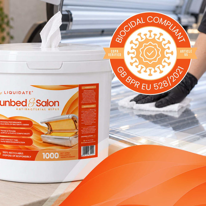 Antibacterial wipe bucket in white with orange branding, protruding sheet, and 1000-sheet label; Liquidate® Sunbed & Salon wipes.