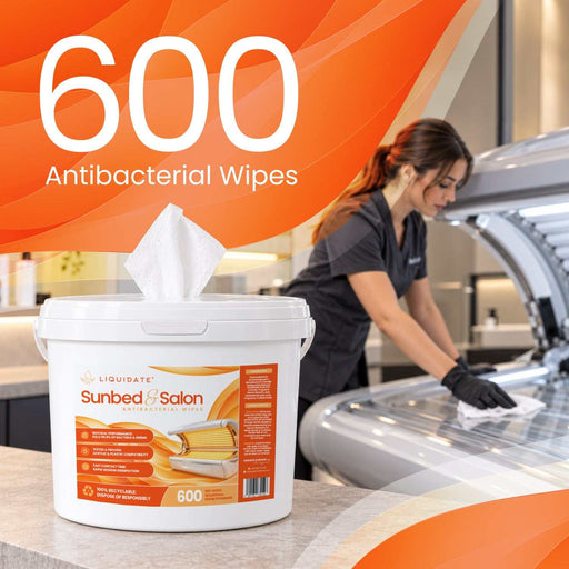 Liquidate® Sunbed & Salon antibacterial wipes in a white refillable bucket with orange label and a wipe protruding from the lid.