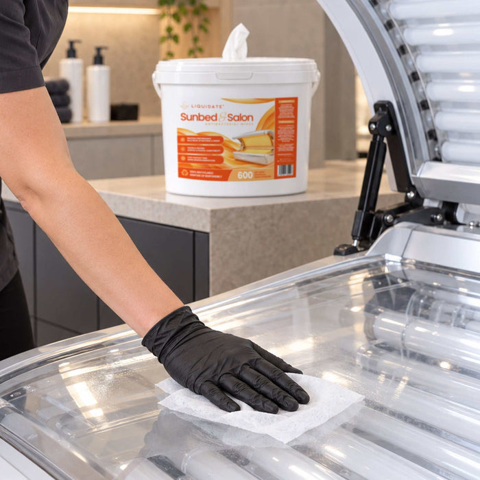 Antibacterial wipe bucket, white with orange label and 600 sheets; Liquidate® Sunbed & Salon wipes clean a clear sunbed surface.