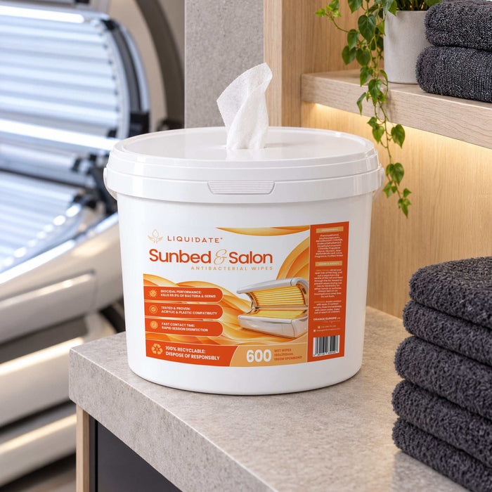 Liquidate® Sunbed & Salon antibacterial wipes in a white refillable bucket, with orange label and tissue dispensing from the lid.