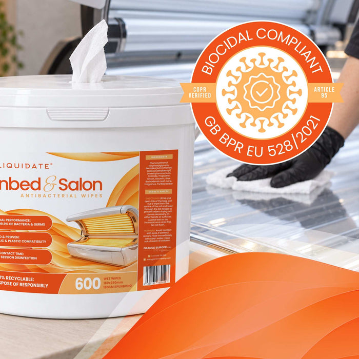 Liquidate® Sunbed & Salon antibacterial wipes in a white 600-sheet bucket with orange labels and a dispensing lid.