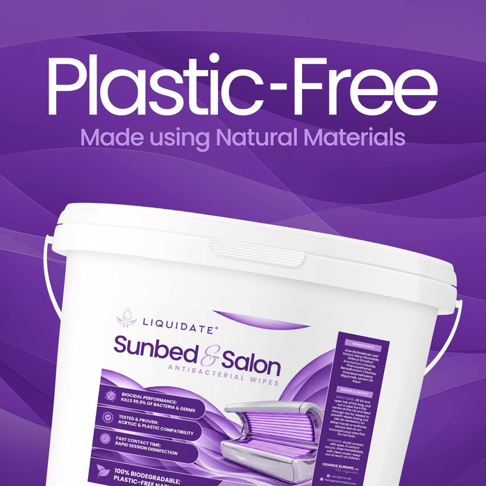 Liquidate® Sunbed & Salon antibacterial wipes in a white plastic-free bucket with purple branding and lid.