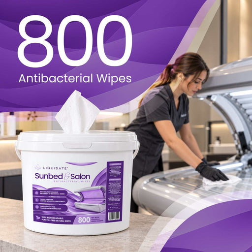Liquidate® Sunbed & Salon antibacterial wipes in a white bucket with purple label and one wipe protruding, 800 count.