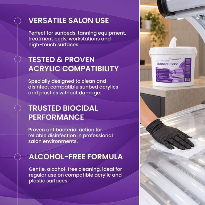 Liquidate® Sunbed & Salon antibacterial wipes in a white refill bucket with purple label and 800-sheet capacity.