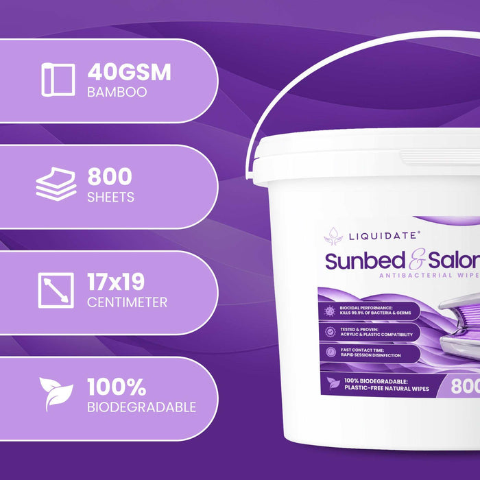 Antibacterial wipe bucket, white with purple label, marked 800 sheets; Liquidate® Sunbed & Salon bamboo wipes.