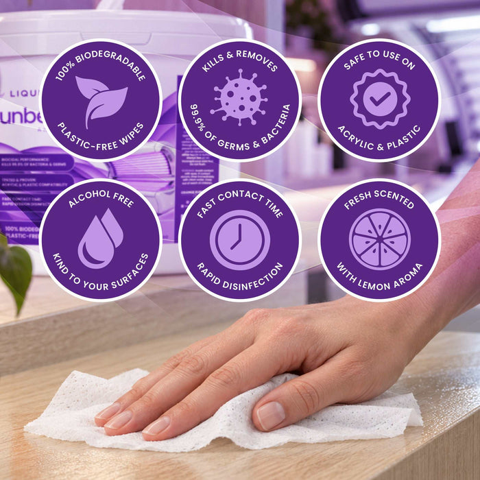 Liquidate® Sunbed & Salon biodegradable antibacterial wipes, white textured bamboo sheets with lemon-scented cleaning formula and purple feature icons