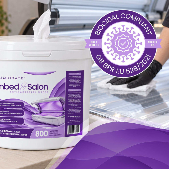 Liquidate® Sunbed & Salon antibacterial wipes in a white 800-sheet bucket with purple branding and a dispensing lid.