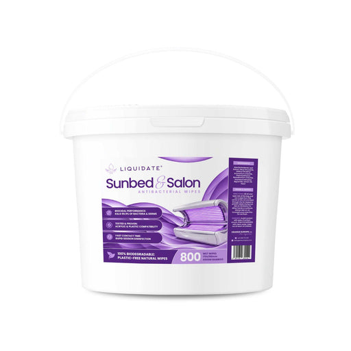 Antibacterial wipes in a white plastic bucket with a white lid and purple Liquidate® Sunbed & Salon label, 800 sheets