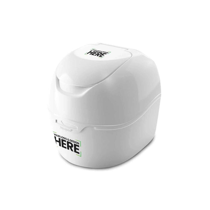White WIPEPOD® XL successful wipes dispenser with customizable branding and hinged lid design