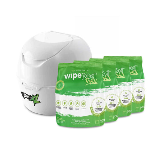 Wipepod Dispenser bundle with customizable branding and biodegradable antibacterial wipes for eco-friendly hygiene