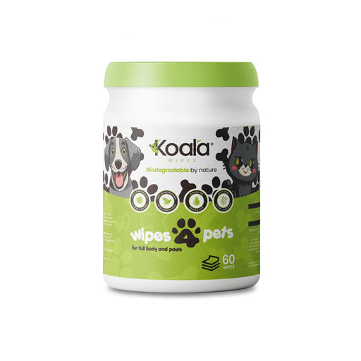 Koala Wipes biodegradable pet wipes in a green and white container with dog and cat illustrations