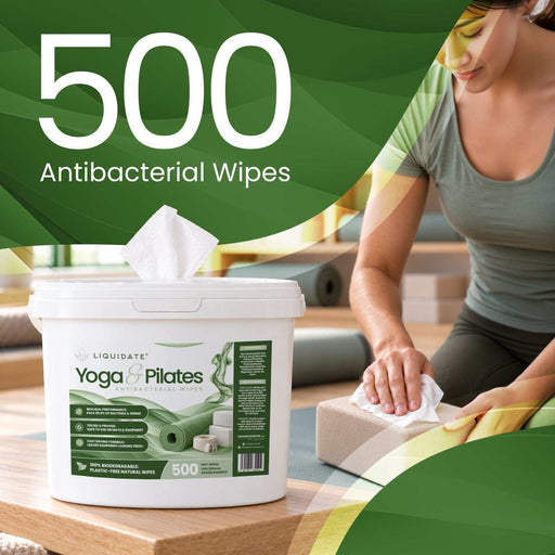 Liquidate® Yoga & Pilates antibacterial wipes in a white 500-sheet bucket, with green bamboo-fibre product label and pop-up wipe.