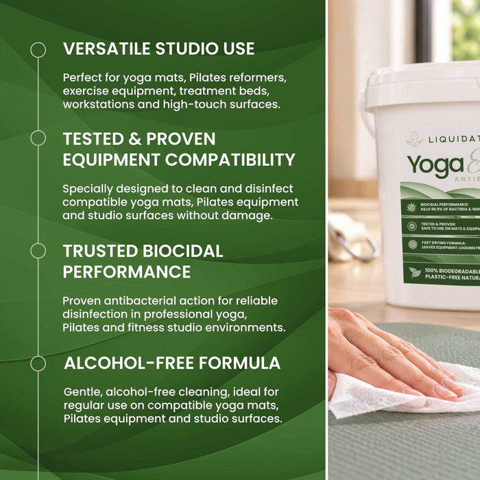 Liquidate® Yoga & Pilates antibacterial wipes in a white bucket, with a green label and bamboo-fibre cleaning cloths.
