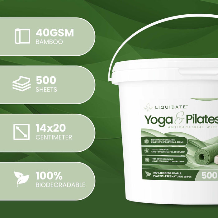 Antibacterial wipes in a white bucket with green labels, Liquidate® Yoga & Pilates, 500 bamboo sheets, biodegradable.