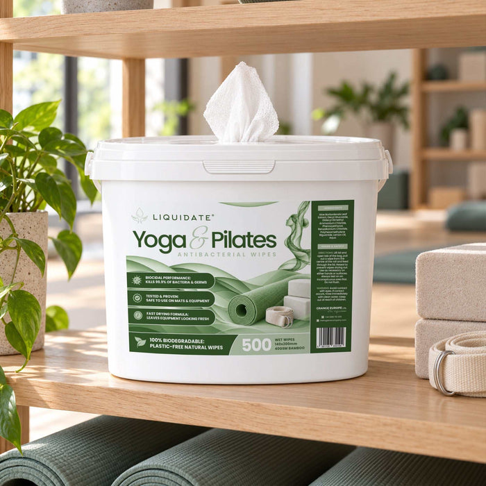Antibacterial wipe bucket with a white plastic tub, green label, 500-sheet marking and one wipe protruding; Liquidate® Yoga & Pilates wipes.