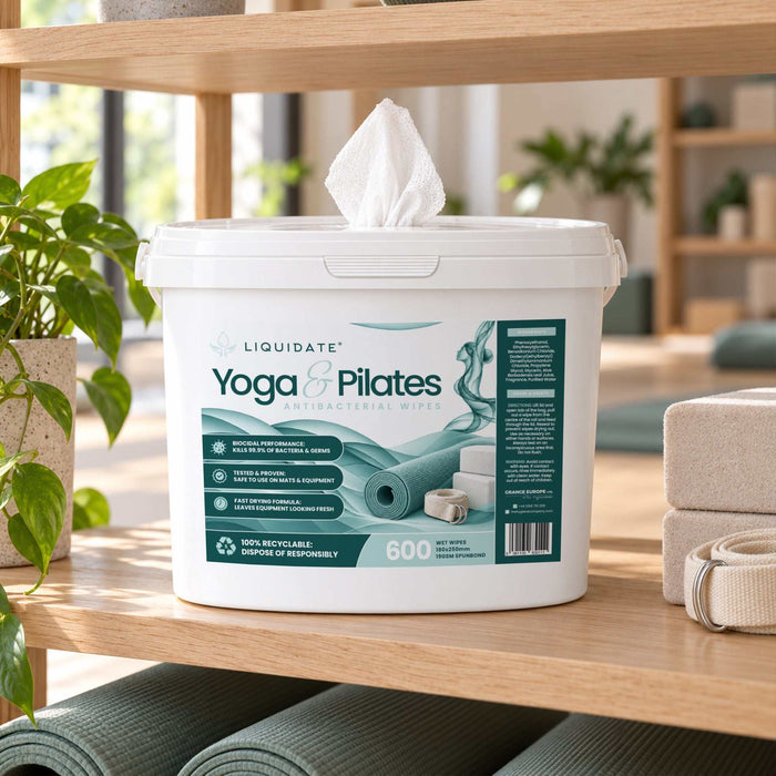 Liquidate® Yoga & Pilates antibacterial wipes in a white plastic bucket, with teal labeling, a flip lid and wipe protruding.