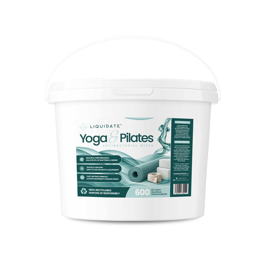 Liquidate® Yoga & Pilates antibacterial wipes in a white 600-sheet bucket with teal printed label and flip-top lid.