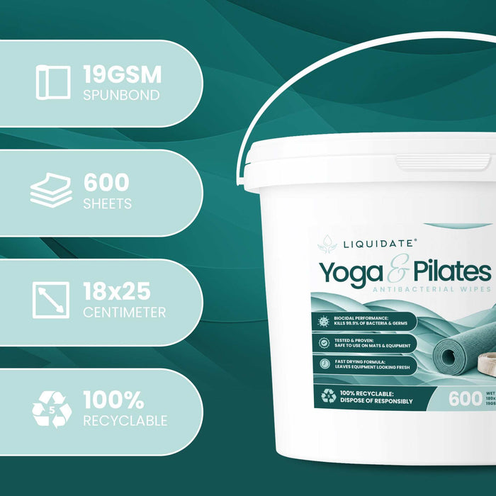 Antibacterial wipes in a white bucket with a teal label and carry handle, marked 600 sheets; Liquidate® Yoga & Pilates.