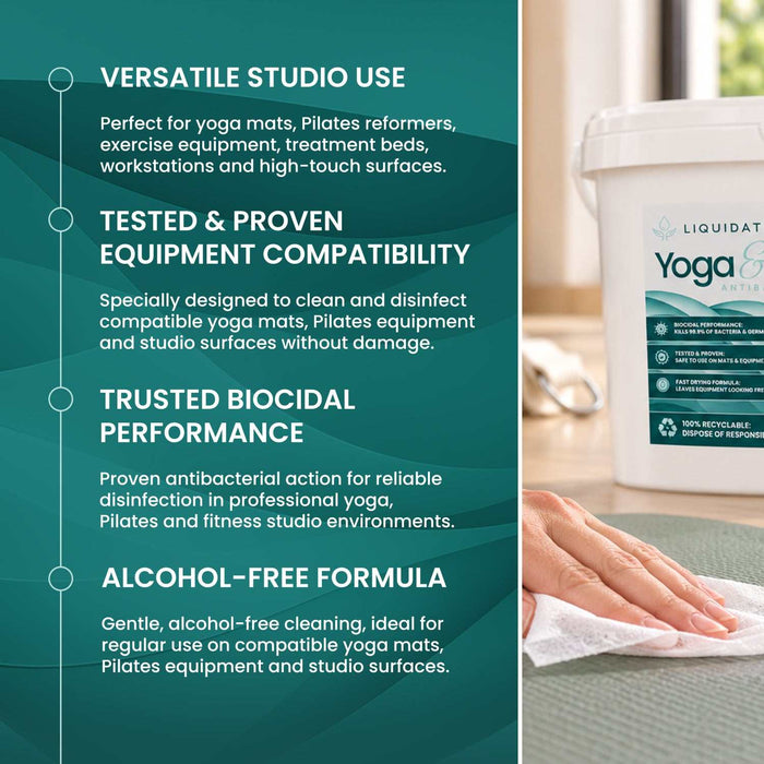 Antibacterial wipes in a white bucket with a teal label, Liquidate® Yoga & Pilates, shown cleaning a mat.