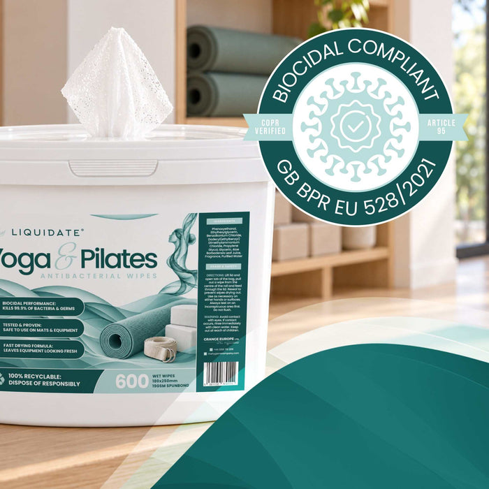 Antibacterial wipes in a white bucket with teal and green Liquidate® Yoga & Pilates branding and a dispensing lid.
