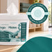 Antibacterial wipes in a white bucket with teal and green Liquidate® Yoga & Pilates branding and a dispensing lid.
