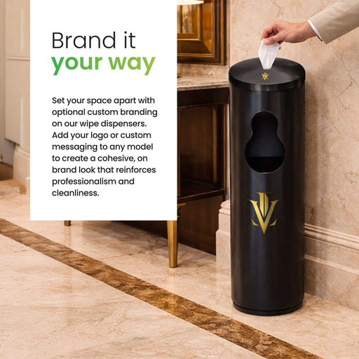 Matt black stainless steel floor standing antibacterial wet wipes dispenser with angled top and built-in waste bin
