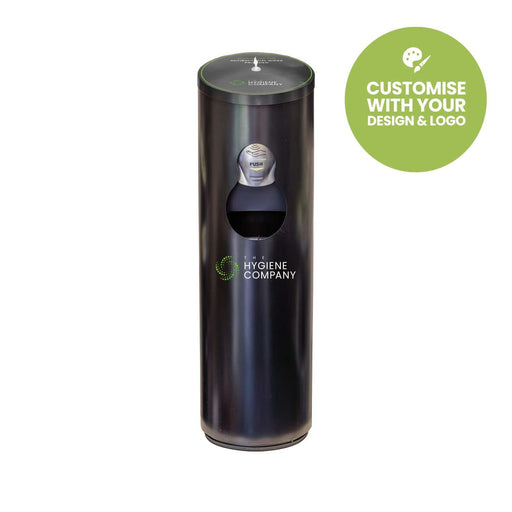 Matt black stainless steel freestanding antibacterial wet wipes dispenser with built-in waste bin and custom branding option