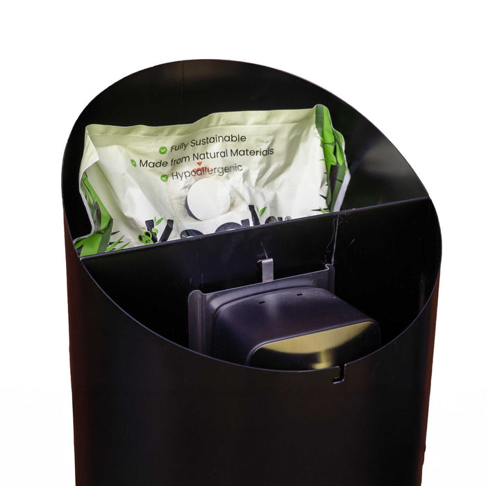 Matt black stainless steel floor standing wet wipes dispenser with built-in waste bin and angled top design