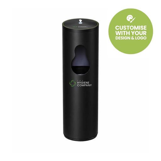 Matt black stainless steel floor standing antibacterial wet wipes dispenser with angled top and built-in waste bin