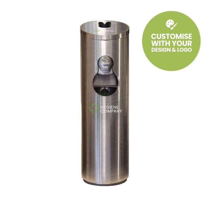 Stainless steel free standing wet wipes dispenser with built-in waste bin and angled top in brushed silver finish