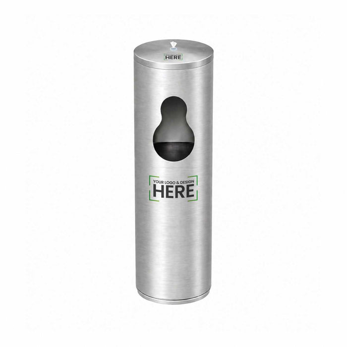 Stainless steel freestanding wet wipes dispenser with built-in waste bin and brushed silver angled top design
